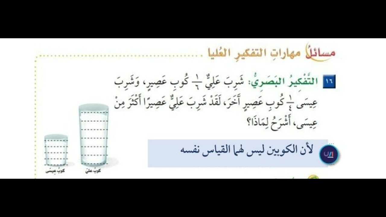 شرب علي سدس كوب عصير ، وشرب عيسى ربع كوب عصير آخر ، لقد شرب على عصيرا أكثر من عيسى ، أشرح لماذا ؟