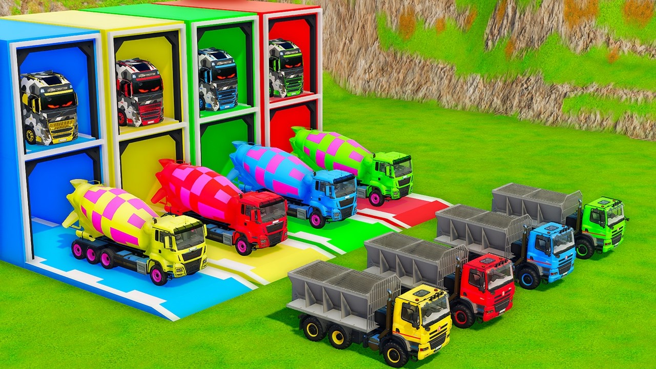 Garage with Colors - ALL MIXER TRUCK WITH DOUBLE FLATBED TRAILER TRUCK, MAN, DAF, ROSTSELMASH - FS22