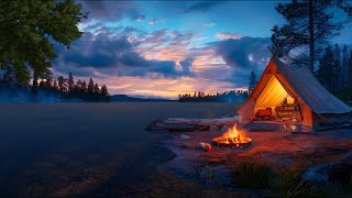 Cozy Camping Tent by the Forest on Lakeside Ambience with Relaxing Campfire, Birdsongs & Wave Sounds