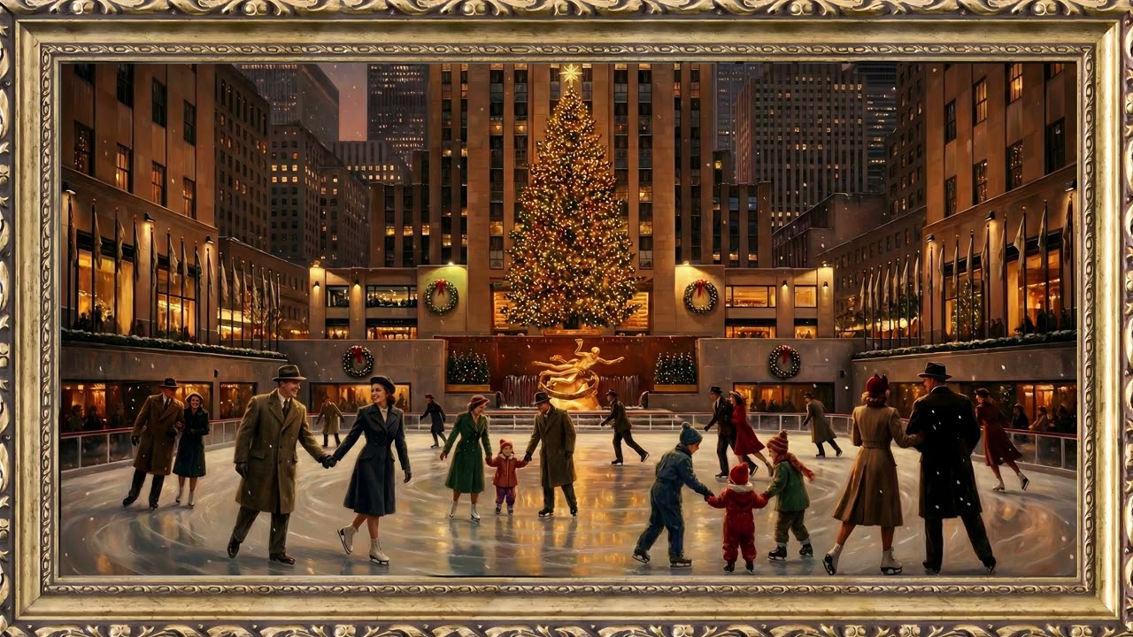Vintage Rockefeller Center Christmas Tree Ice Skating Gold Frame | 2 Hours 4K