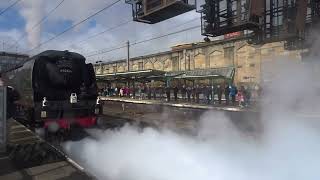 The No.34067 'Tangmere' with "THE CUMBRIAN MOUNTAIN EXPRESS" departing at Carlisle Citadel Station.