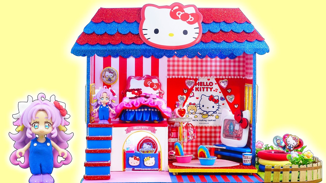 サンリオ⭐️キティちゃんのDIYドールハウス❤️プリキュアが100円ショップの材料でハローキティのお部屋と小物を手作り工作🍭キュアアンサーとキュアミスティック✨