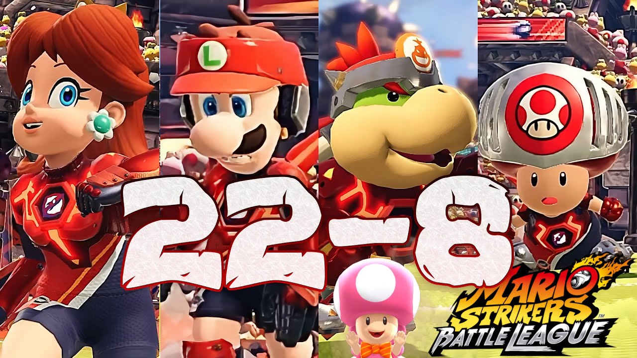 Mario Strikers Battle League Daisy Luigi Bowser Jr and Toad Gameplay at Lava Castle