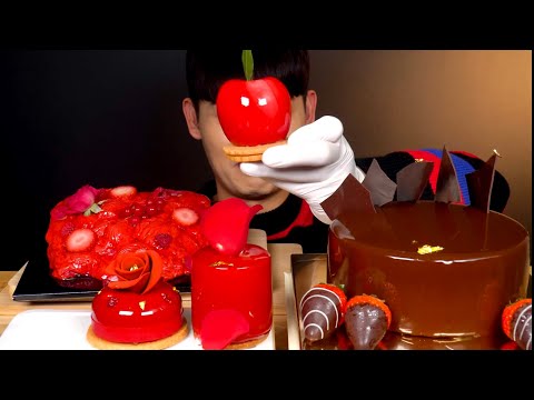 ASMR 새빨간 라즈베리🔴 아이스크림 케이크와 진한 초코 글레이즈케이크🍫 먹방~!! Red Dessert With Glazed Chocolate cake MuKBang~!!