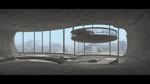 Interior of a futuristic concrete bunker with panoramic window ( Stable Diffusion )