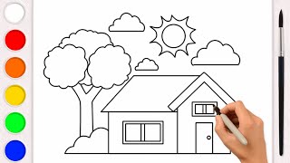 Drawing and coloring a beautiful house with a garden. Animated drawings for children.