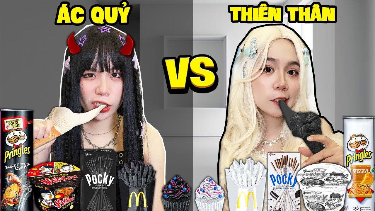 SAMMY ÁC QUỶ VÀ SIMMY THIÊN THẦN THỬ THÁCH 24H ĂN ĐỒ ĂN MÀU ĐEN VÀ TRẮNG