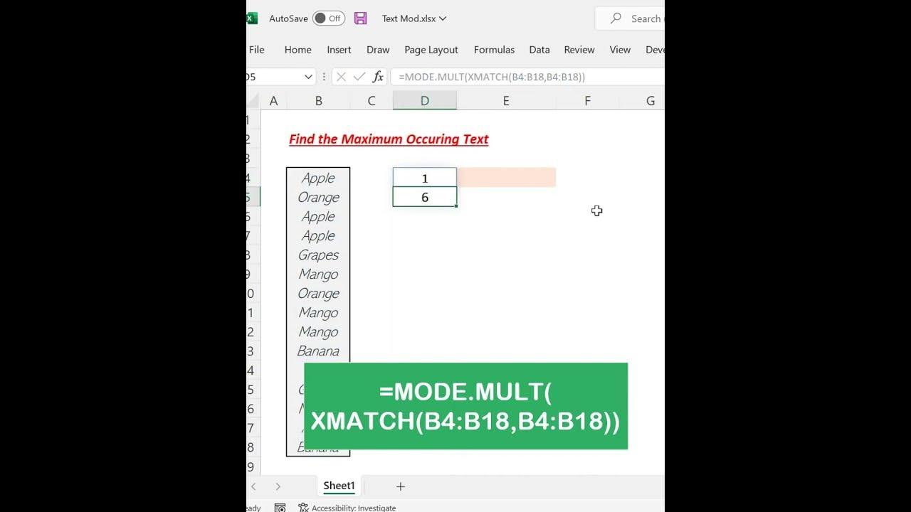 find-most-occurring-text-using-excel-formulas-youtube