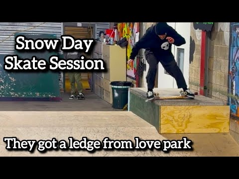 Snow day skate park session (they added a ledge from love park)