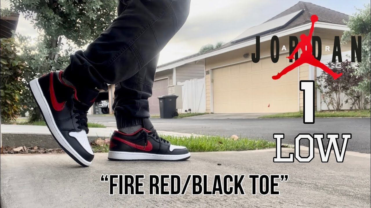 Air Jordan 1 Low Fire Red aka Black Toe Lows On Feet - YouTube