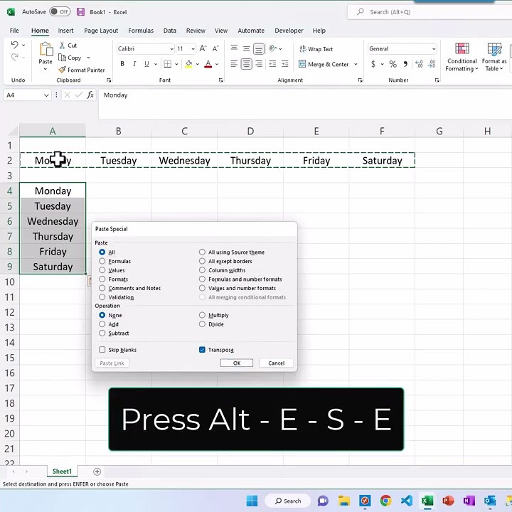 Excel shortcuts copy row and paste into column youtube