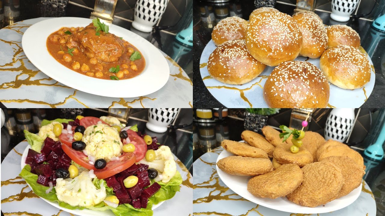 طاولة رمضان جديدةوسريعة معقودة بطاطا شطيطحة دجاج برجر محشي وسلطة خضار