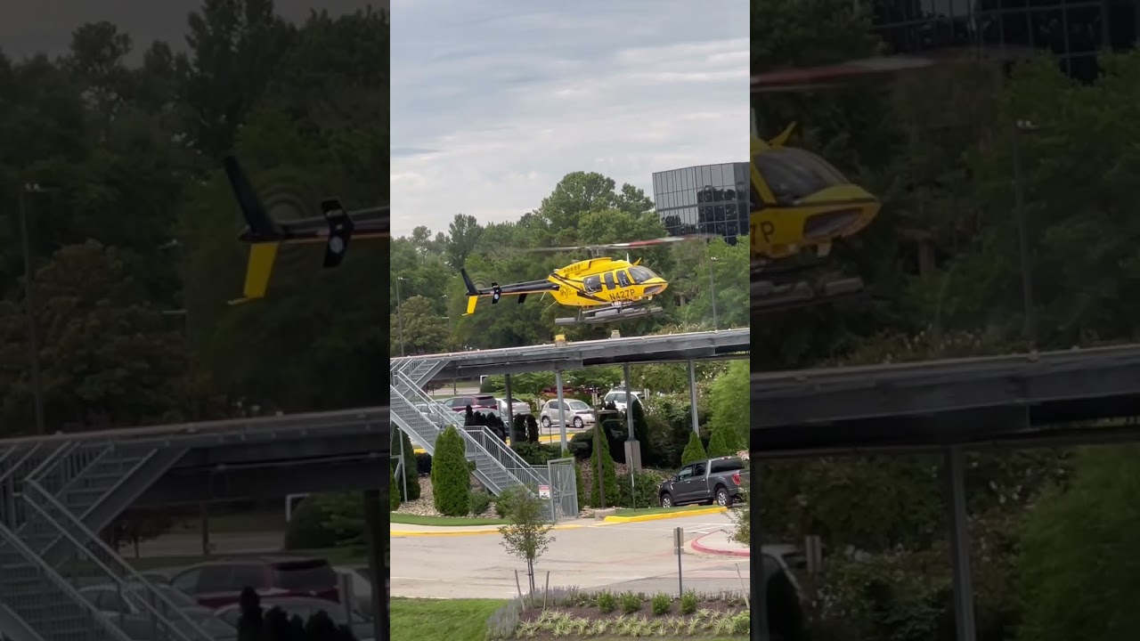 Bell 407 famoso Jet Ranger. Helicóptero decolando de heliponto em hospital. Hospital Take-off.