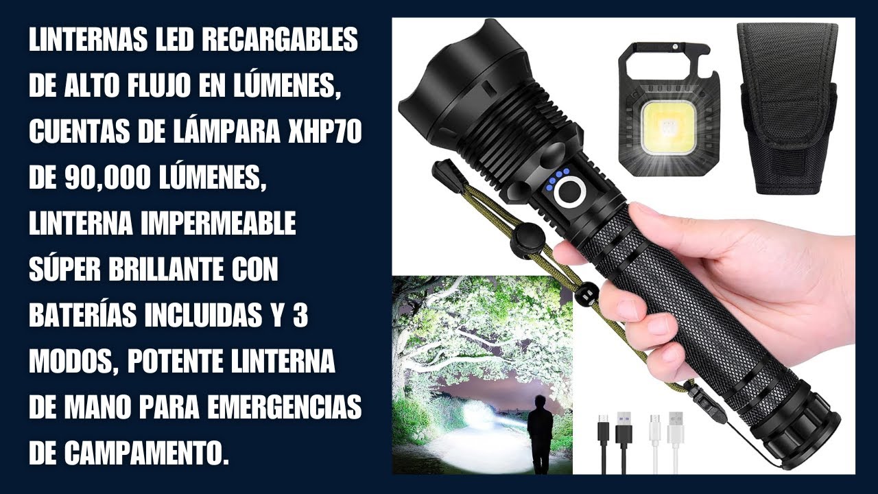 Linternas LED recargables de alto flujo en lúmenes, cuentas de lámpara XHP70 de 90,000 lúmenes,.