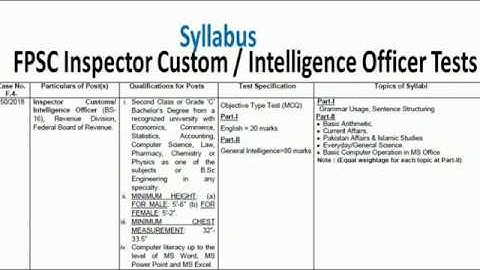 FPSC Customs Inspector intelligence FBR sllybas 2019