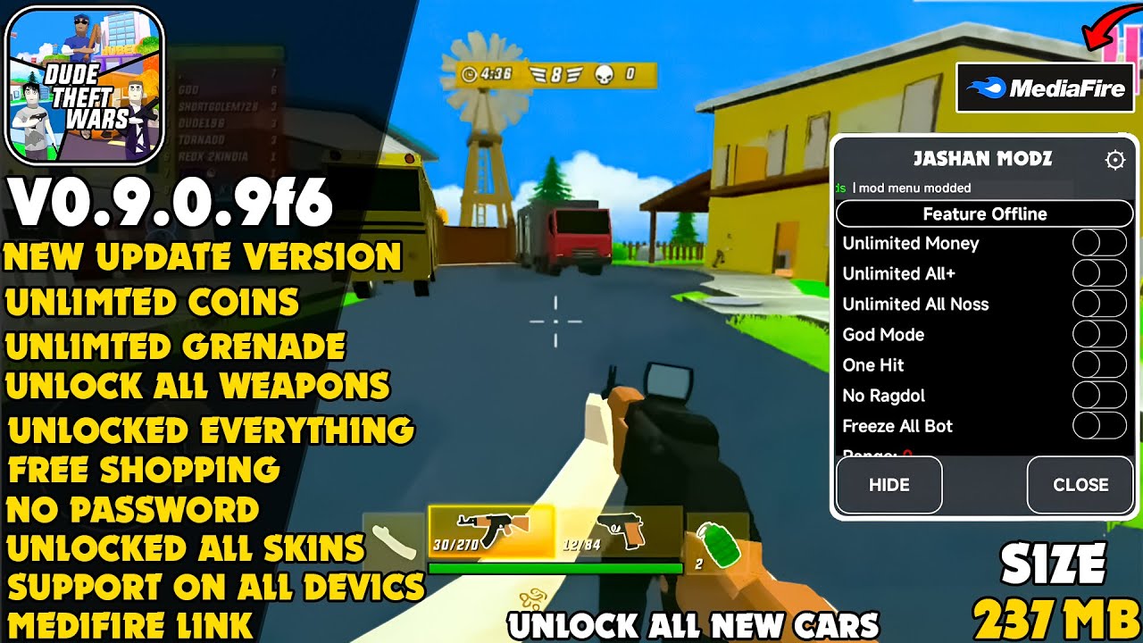 🔥 Dude Theft Wars v0.9.0.9f6 Mod Menu - God Mode, Unlimited Money & Coins!