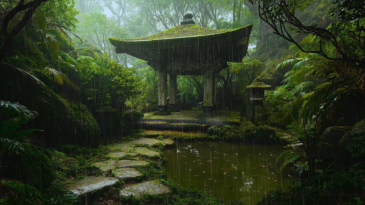 🍀 Dive into Tranquility With Rain & Water Pond Japanese Temple Forest 🍀 Relax Body & Mind W/ Rain
