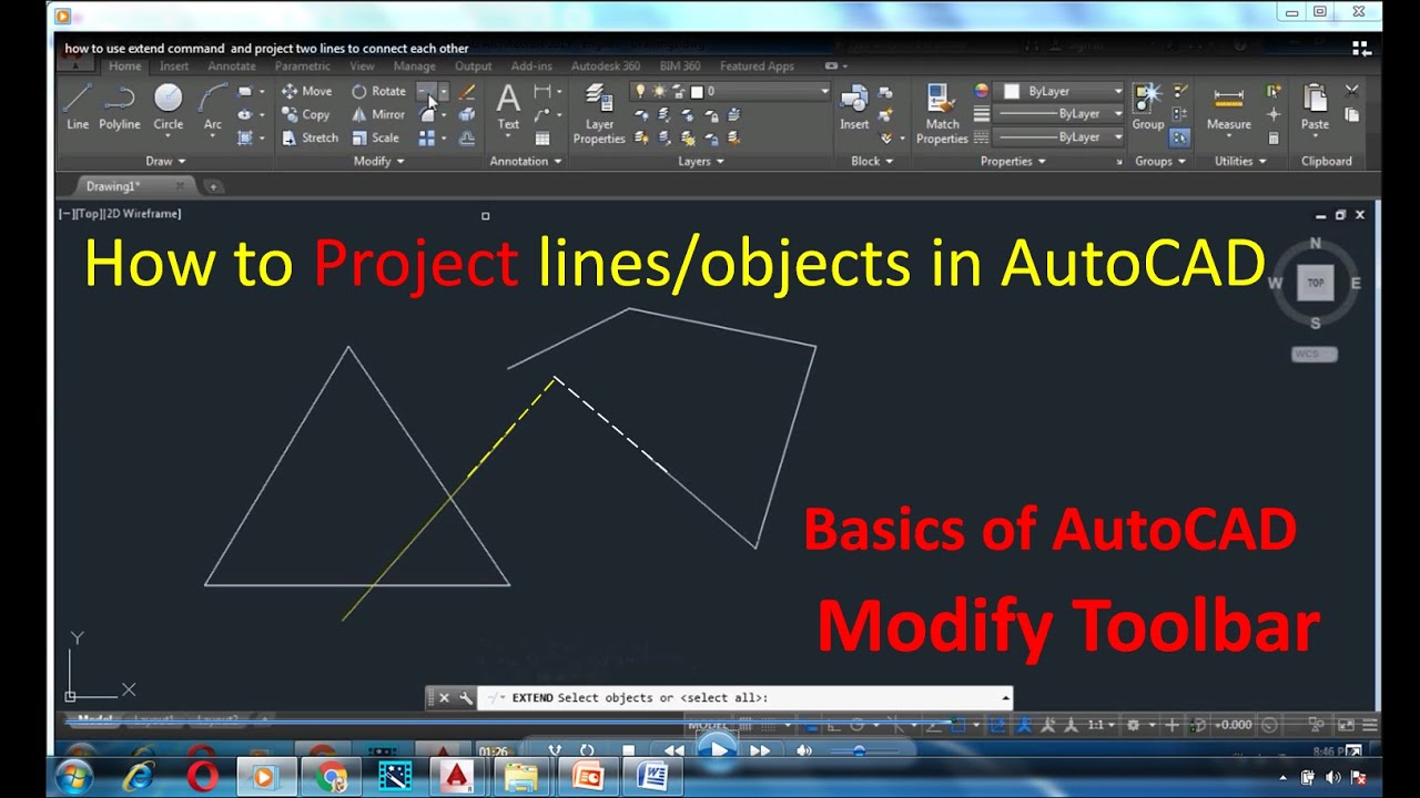 how to project two lines to connect each other in autocad - YouTube