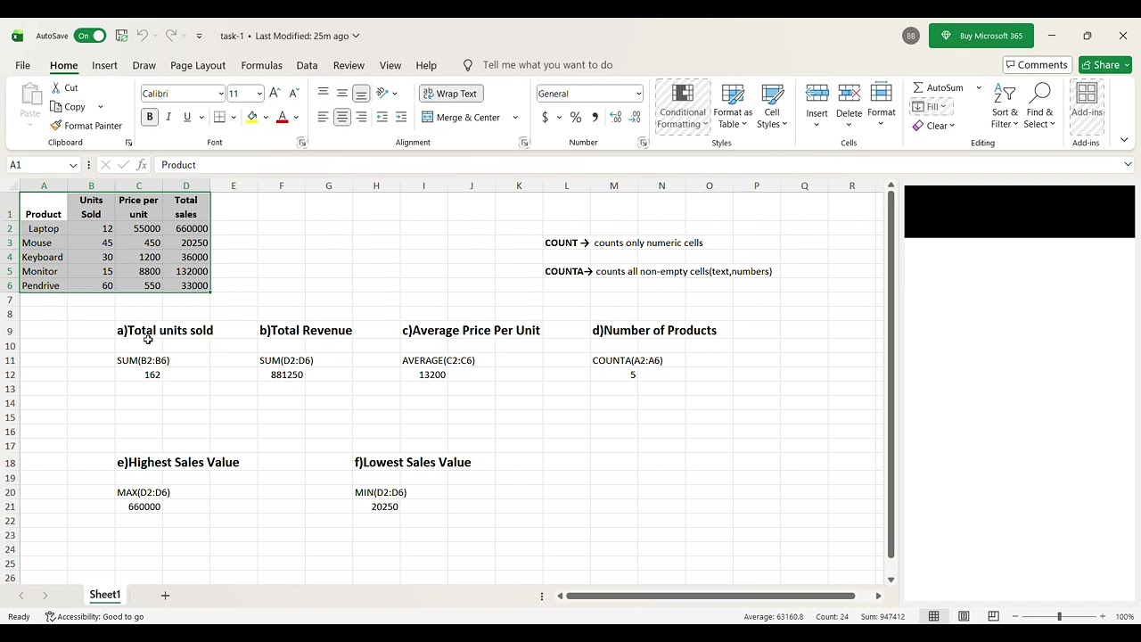 Data entry and basic functions in Excel.