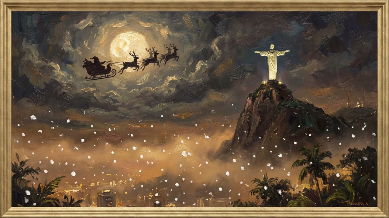 Christmas Santa Over Christ The Redeemer | Framed Art TV Wallpaper 4K | Oil Painting | 2 Hours