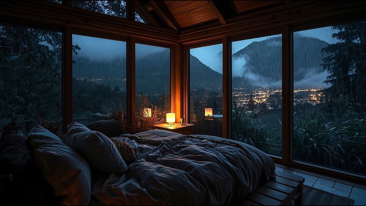 Calm Rainy Night in a Cozy Mountain Cabin 🌧️ |City Lights Ambience for Deep Sleep & Relief (3 Hours)