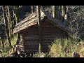 Tiny log cabin overnight in "winter" | Feather stick fire | Barbecued steak