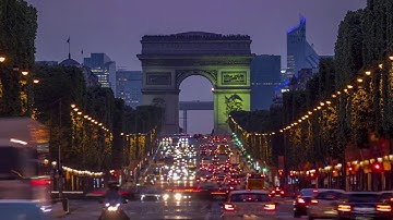 Champs Elysees and the Arc de Triomphe at Sunset. Time Lapse