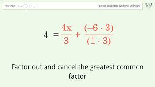 Linear equation with one unknown: Solve 4=2/3(2x-9) step-by-step solution