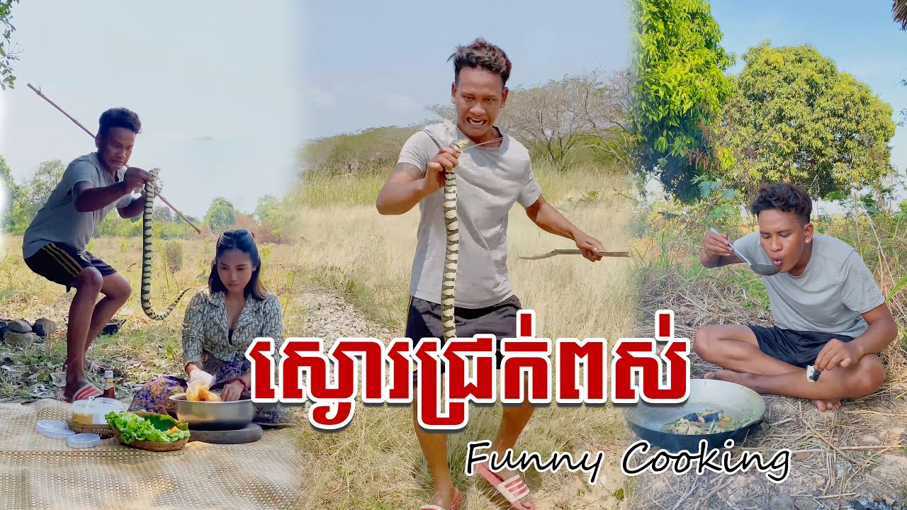 ដើររកម្ហូបប្រទះឃើញពស់ស្ងោរជ្រក់ល្មម [ 🎬 Funny Cooking ]