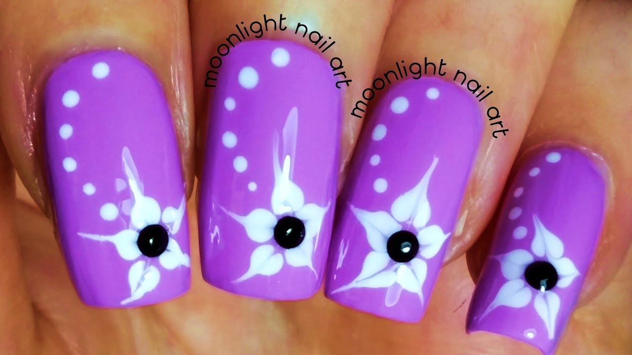 White Flowers and Dots on Purple Nails - Drag Marble Nail Art Design ...
