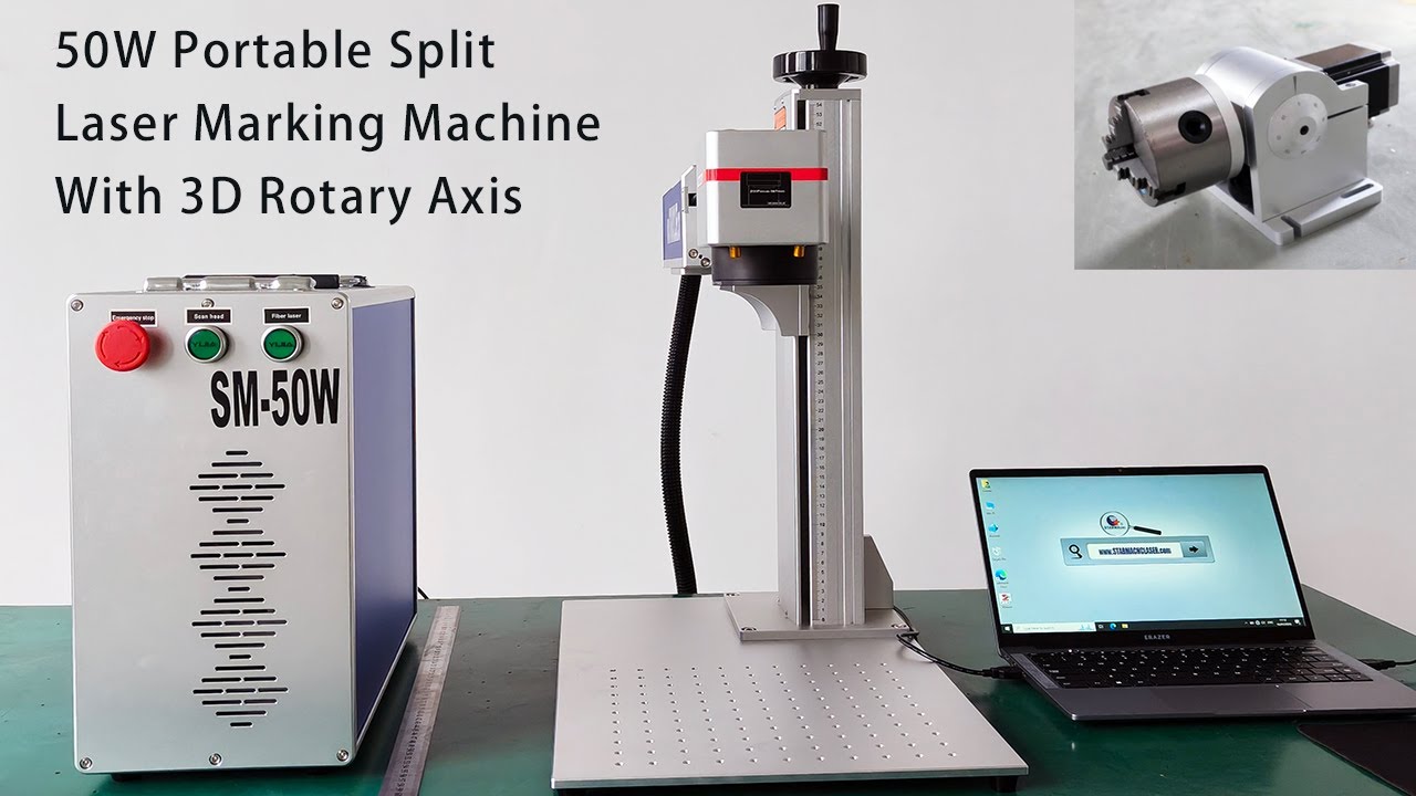 Jinan starma cnc 50W raycus fiber laser marking machine with 3D rotary axis for sale
