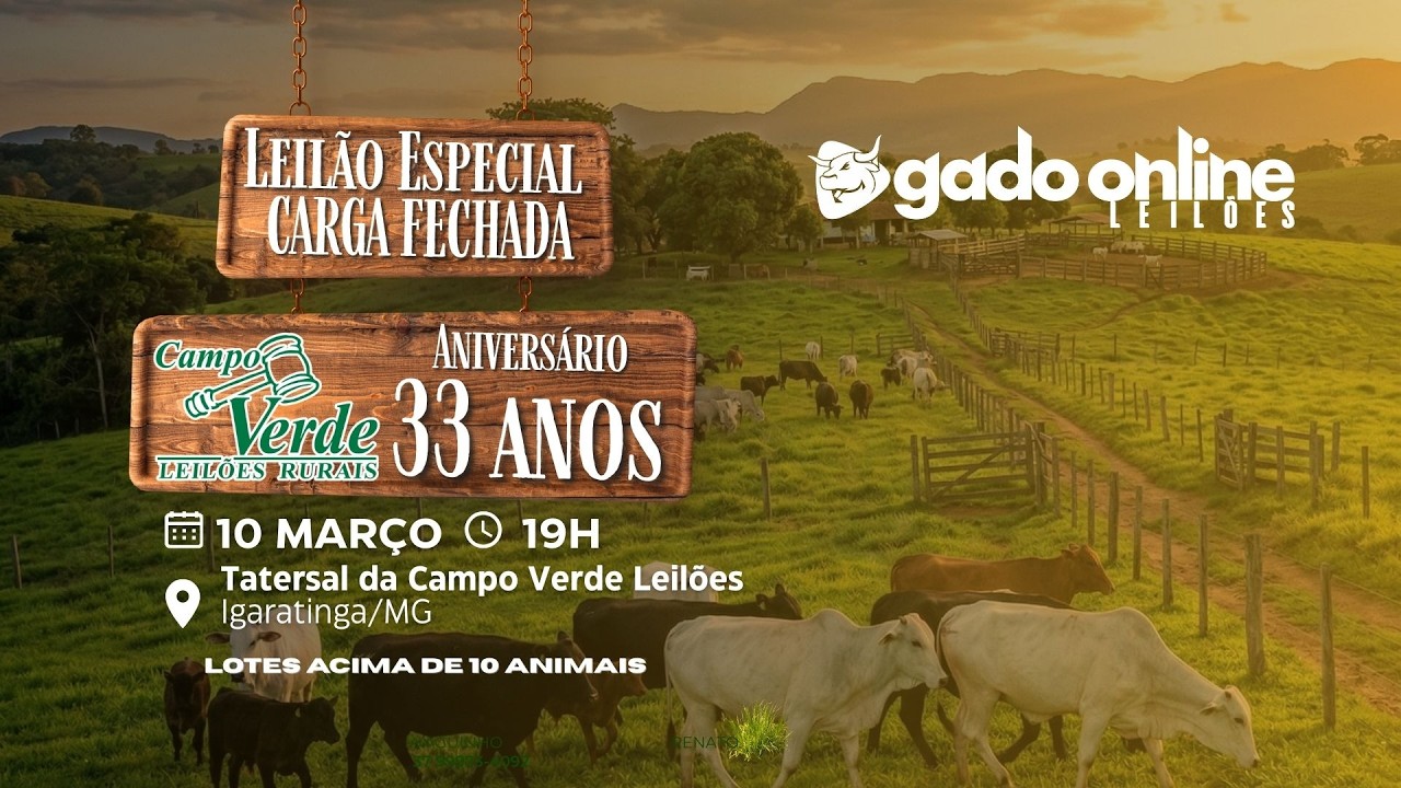 🗓10 DE MARÇO
Realização:  
Campo Verde Leilões Lances e Cadastros: 
☎️ 37  99912-9899  / 99973-4092 / 99987-4447

Catálogo de Lotes: