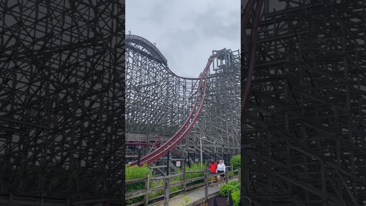 The unique barrel roll drop on Twisted Timbers at 