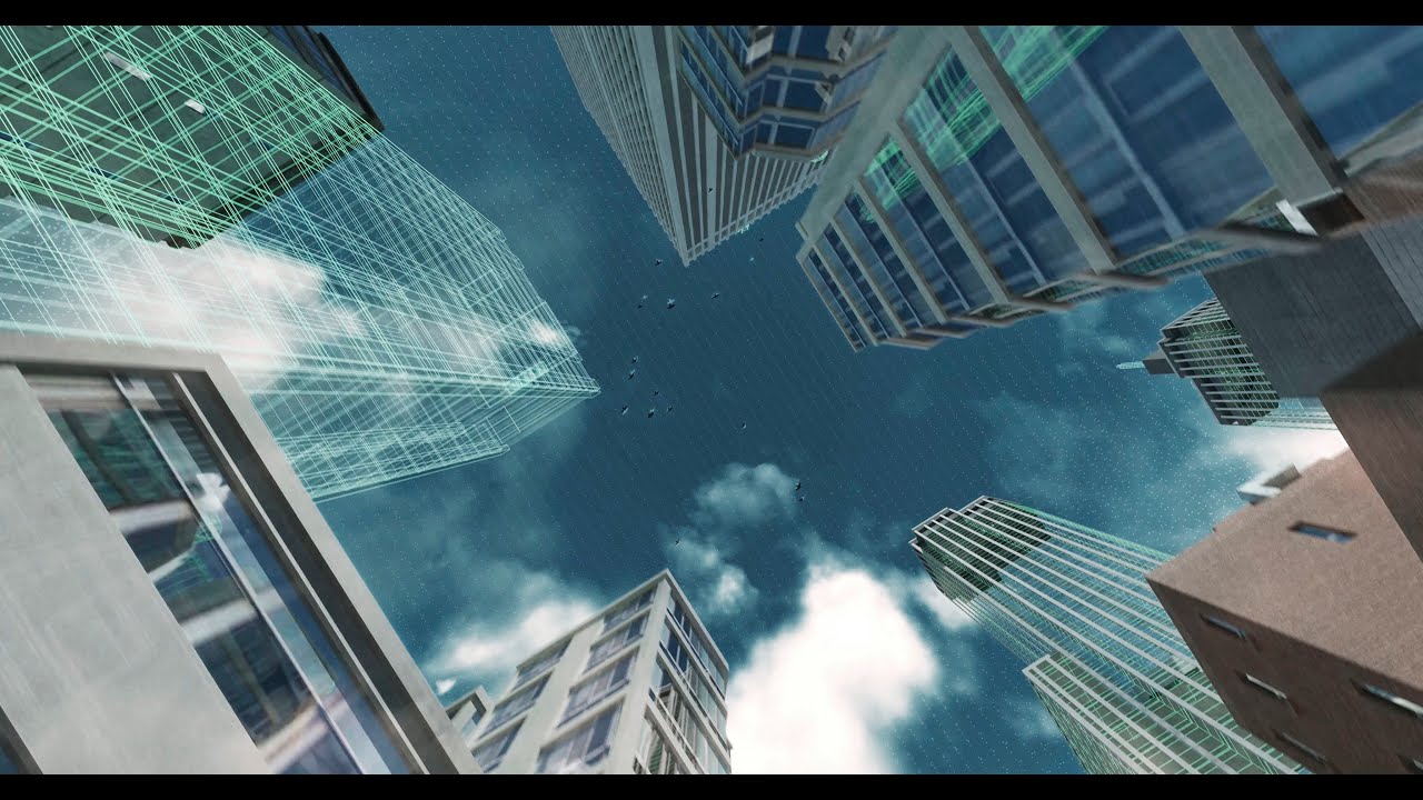 Digital Wire Frame Buildings Forming to Real World 3D Blender Animation