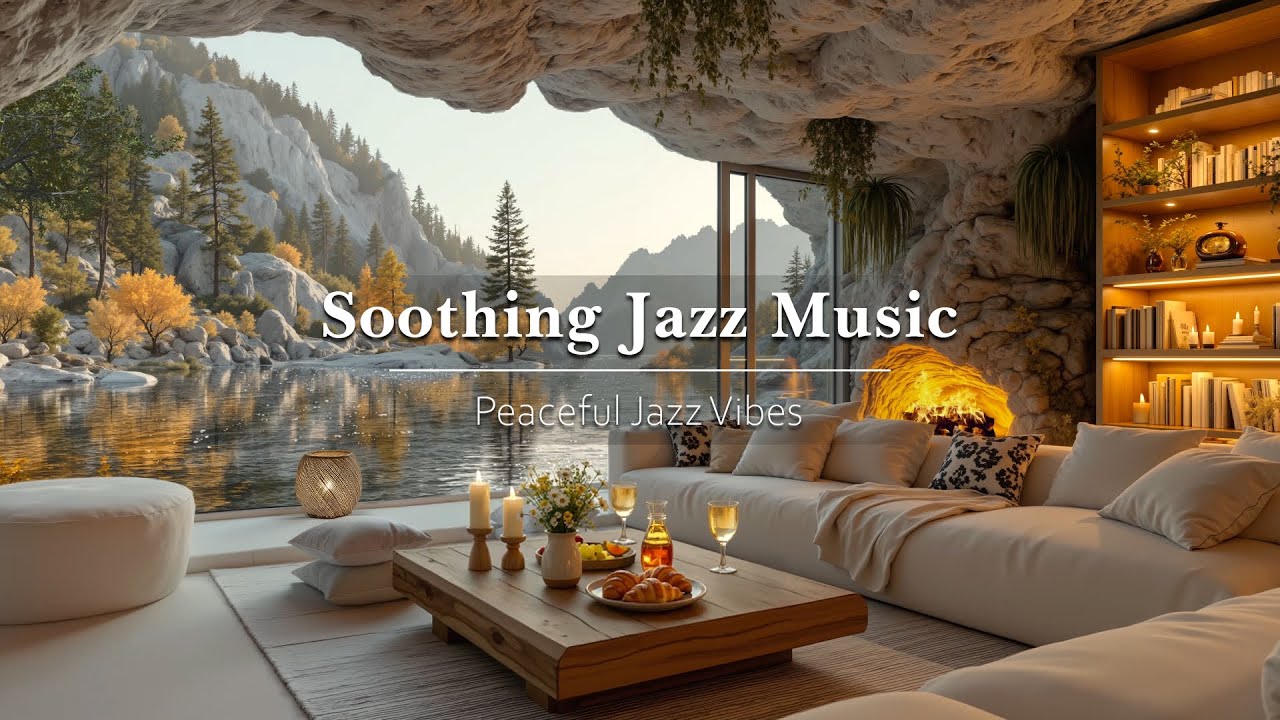Soothing Jazz, Fireplace Ambience & Bird Sounds 🌊 Stress Relief in Lakeside Cave Cabin Retreat