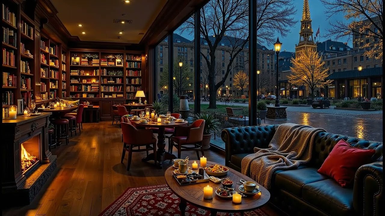 Winter Bookstore Cafe Ambience in New York ☕ Soft Piano Jazz & Fireplace Sounds for Working, Reading