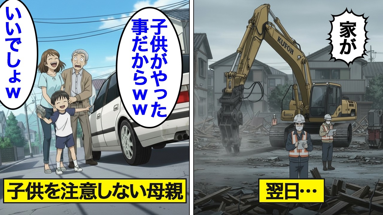 【漫画】老人の車に石を投げる子供を注意しない親「子供がやったことだからｗｗ」→翌日、自宅が更地に…【スカッと】