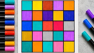 Satisfying Rainbow Squares ASMR 🎨 Marker Coloring Grid Relaxation