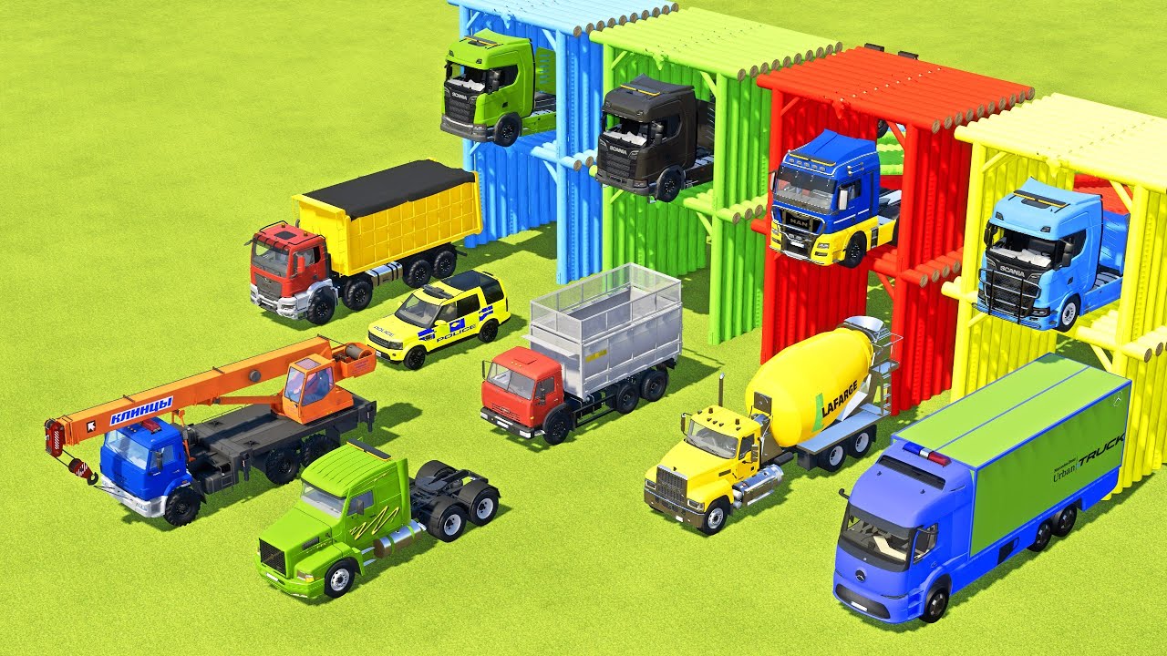 TRANSPORTING CRANE TRUCK, DUMP TRUCK, POLICE CAR, MACK MIXER CEMENT TRUCK, BOX TRUCK -  FS22