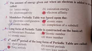 Exercise MCQs CH 3 || periodic table and periodicit of properties||