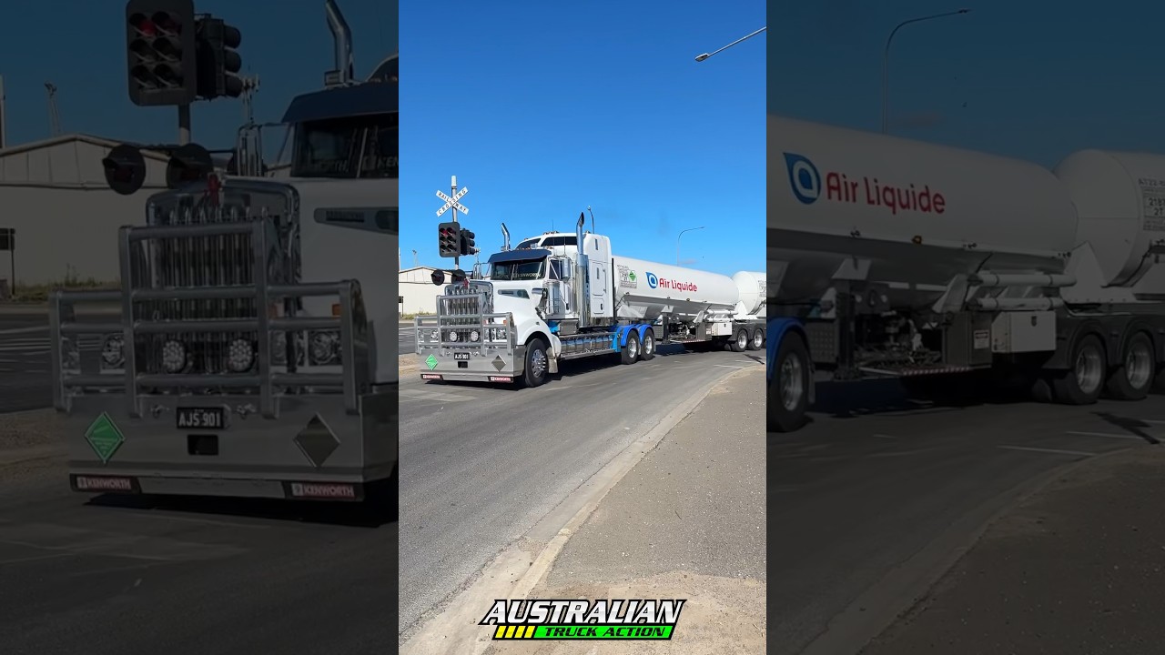 Kenworth T909 hauling two carbon dioxide tanker trailers.