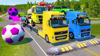 Double Flatbed Trailer Truck vs Speedbumps Train vs Cars | Tractor vs Train Beamng.Drive 027
