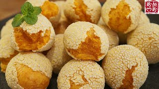 无需油炸，外酥里糯的红薯芝麻糯米球，超级好吃！Sweet potato, sesame and glutinous rice balls。