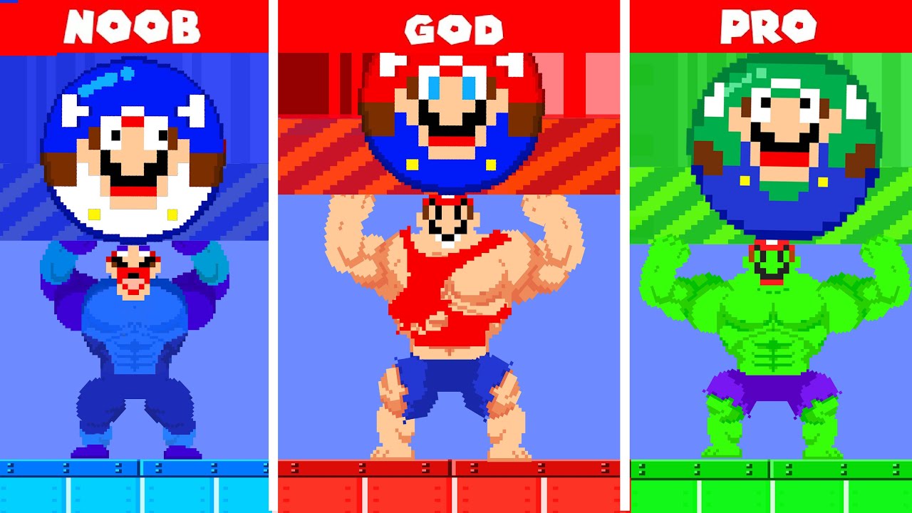 Team Mario Musculars Nood vs Pro vs Hacker vs God in Super Mario Bros.!| POWER-UP MARIO