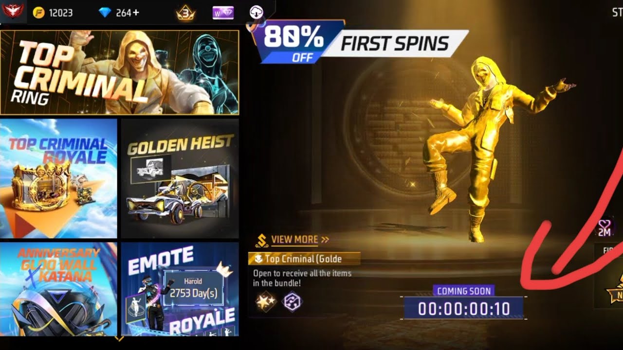 Free fire top criminal ring bundle event only 10 second
