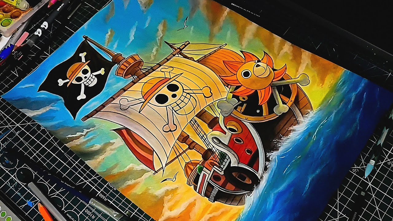 Рисуем пиратский корабль «Тауз Санни» из One Piece акварелью