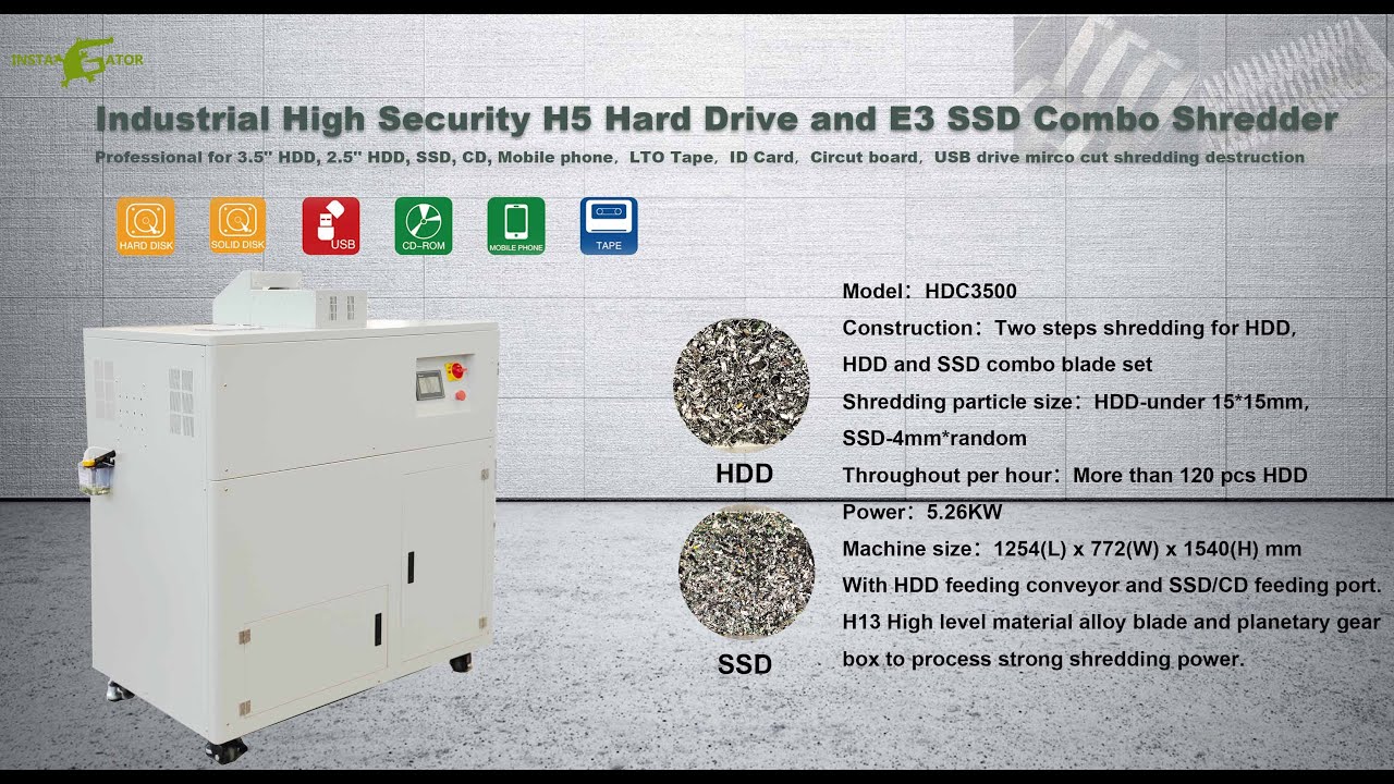 Industrial High Security H5 Hard Drive and E3 SSD Combo Shredder