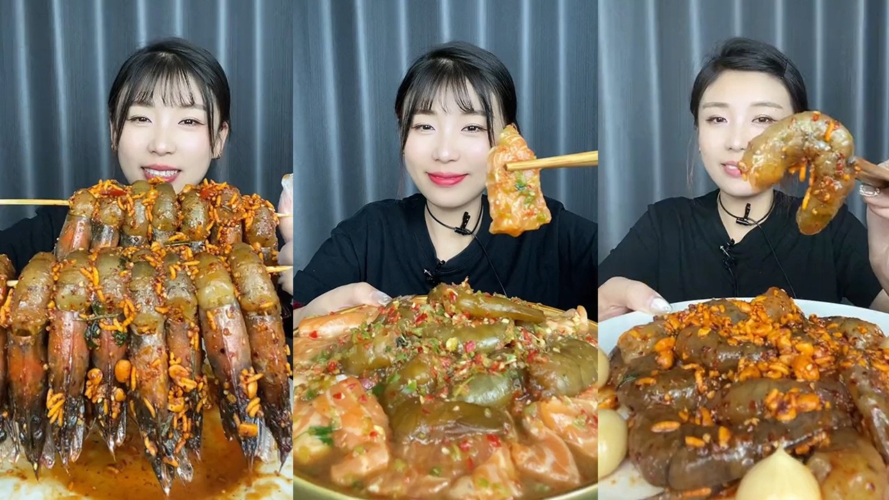 【Mukbang】Spicy sauce shrimp + Cold-dressed salmon and shrimp + Spicy sauce shrimp🐠🦐🌶🍋🧄#Seafood#yummy