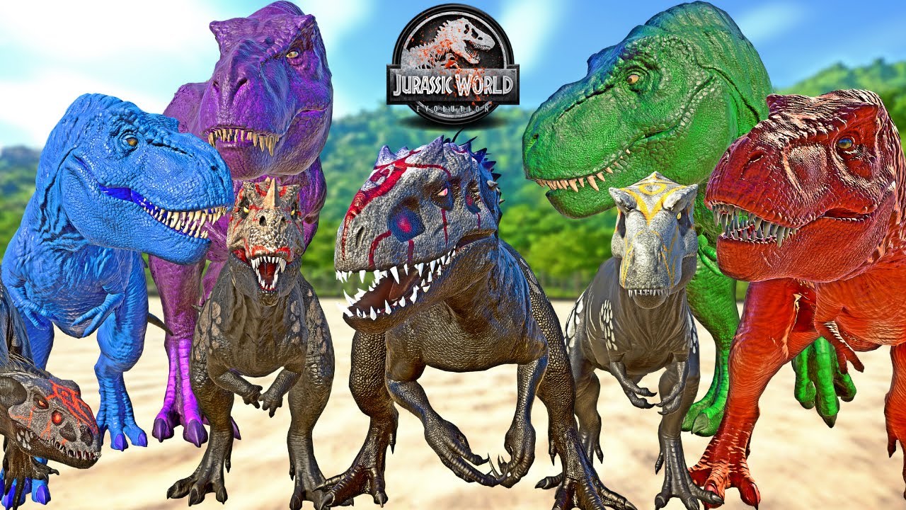 Colorful Tyrannosaurus REX Team vs  Grimmified Skin Team Dinosaurs Fight 🌍 JURASSIC WORLD EVOLUTION