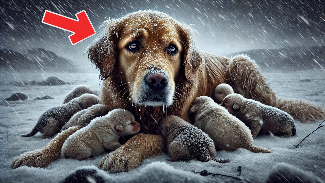 Abandoned and Freezing in the Snow, a Golden Retriever and Her Puppies ...
